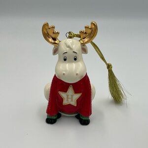 American by Design LENOX Moose Red Sweater H Monogram Ornament Gold Antlers 4"